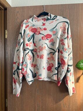 Floral Crewneck Sweater in Cream and Coral